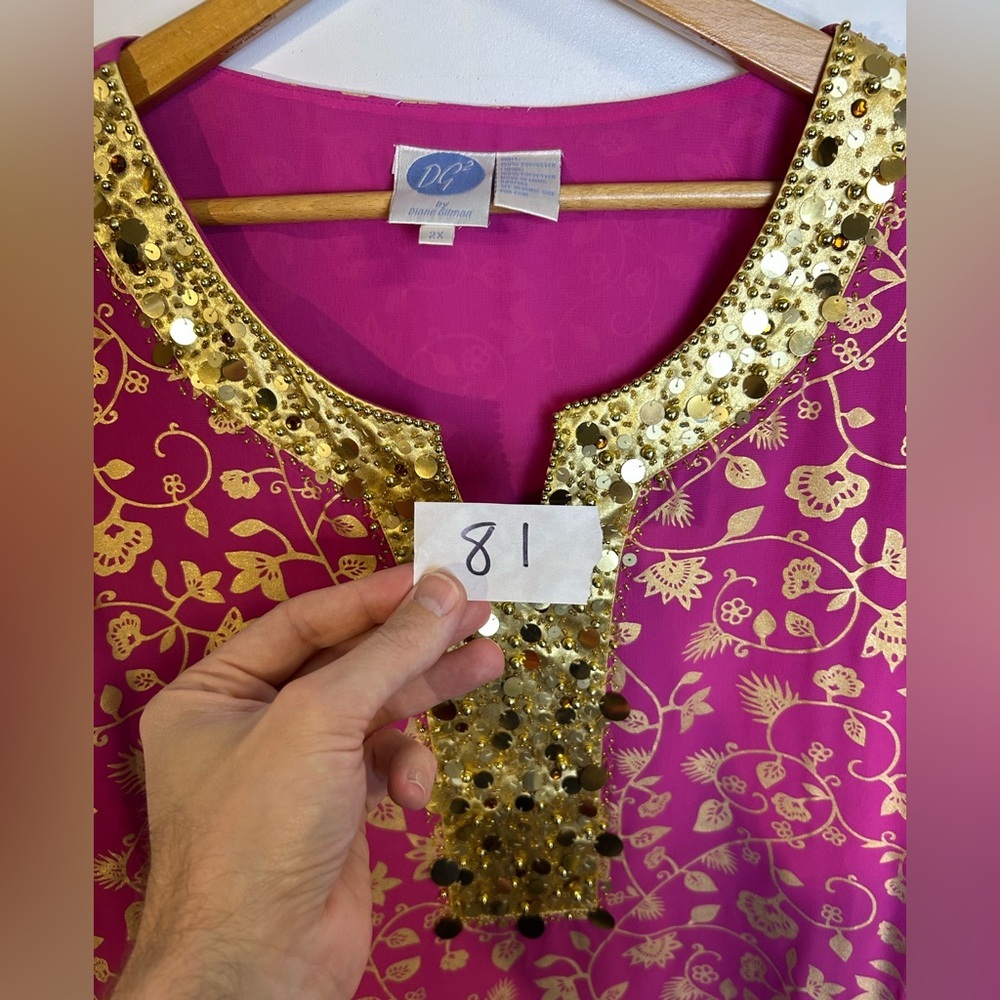 NWT VTG Diane Gilman Fuchsia and Gold Floral Tunic Beaded Blouse Size 2X Floral - Picture 16 of 16